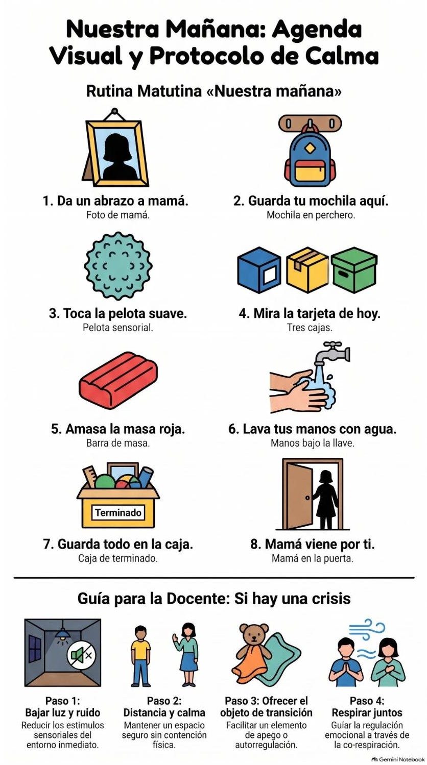 Infografía «Nuestra mañana: agenda visual y protocolo de calma» con 8 pasos ilustrados y 4 pasos para la docente ante una crisis