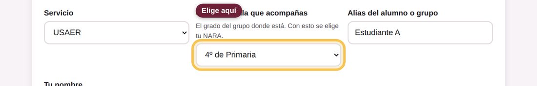 Captura de la app: Grado del aula que acompañas